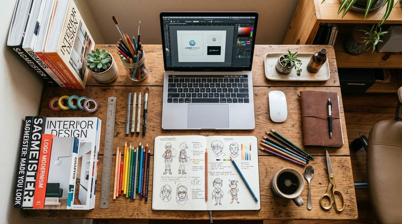 Creative tools and design materials on a studio desk